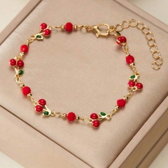 Anthropologie Red and Gold cherry Beaded Bracelet - Picture 1 of 3